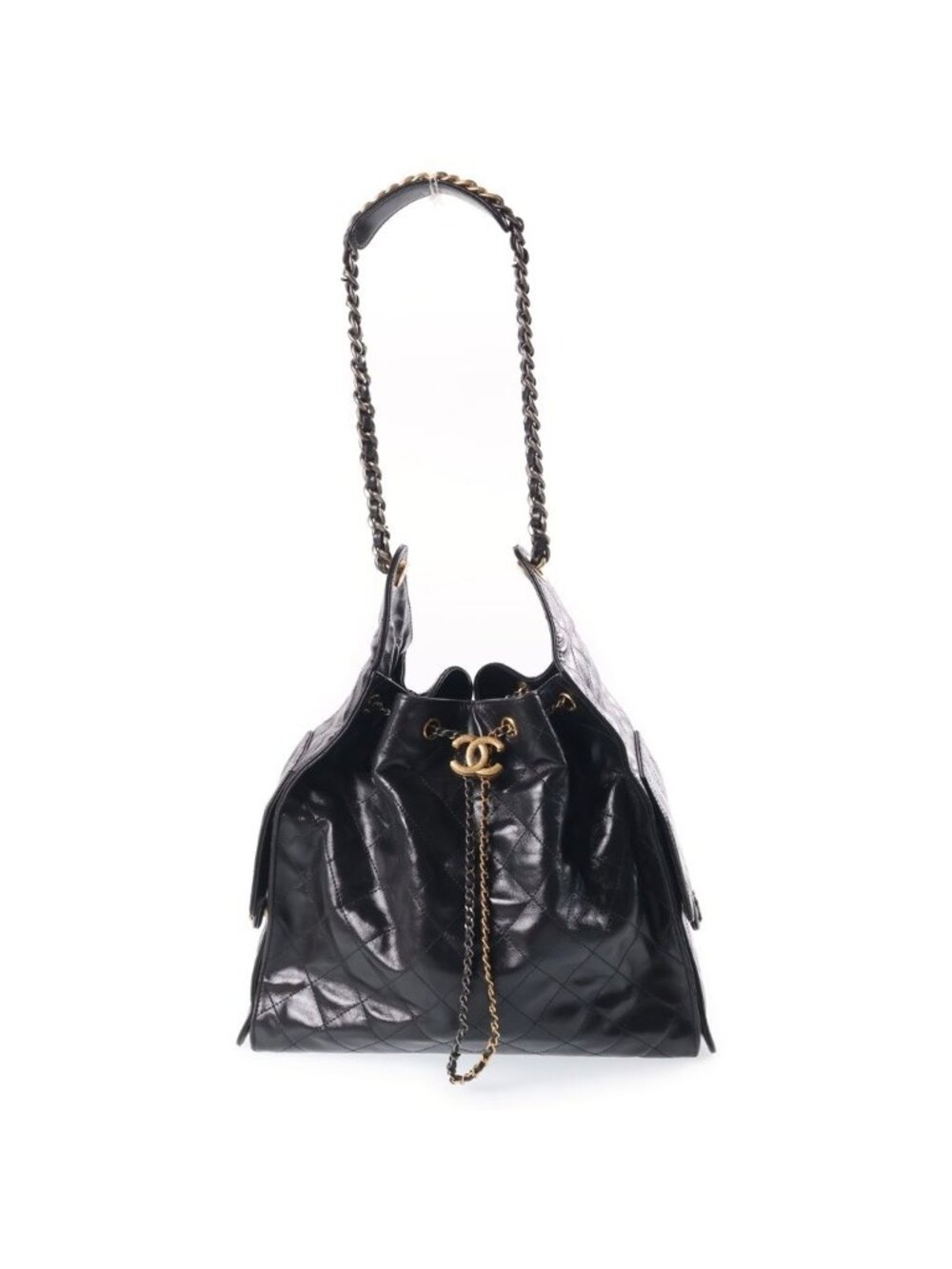 Chanel 25 Small Chain Shoulder Bag Black Caviar Leather Gold Silver